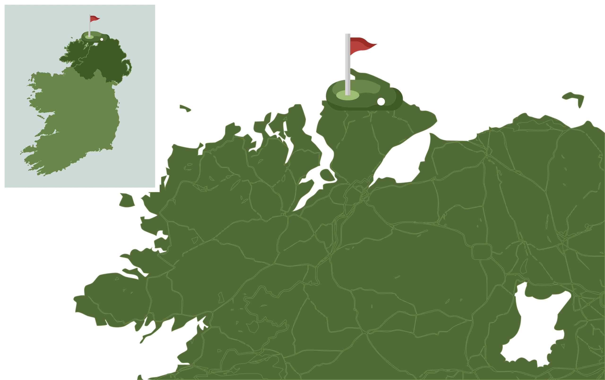 Map of Ireland focusing on Northern Ireland with a golf hole illustration. Keywords: Ireland, Northern Ireland, golf.