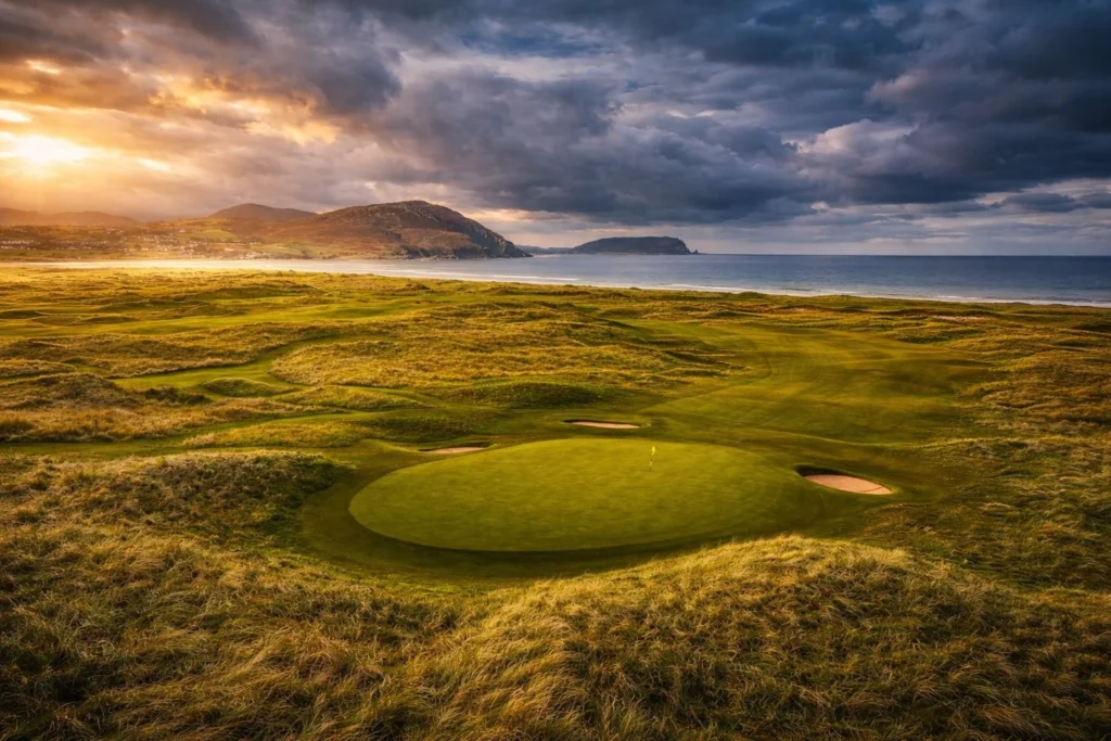 Scenic coastal golf course at sunset, featuring lush greens and sandy bunkers along the ocean. Perfect for golf lovers.