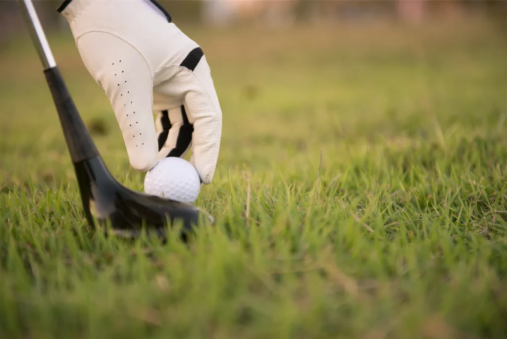 Golfer setting up a shot with a driver and golf ball on green grass. Perfect for golf enthusiasts and players.