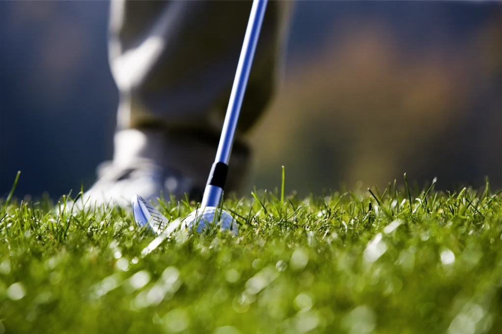 Golfer preparing to swing a club on a lush green fairway. Perfect for golf enthusiasts and outdoor sports.