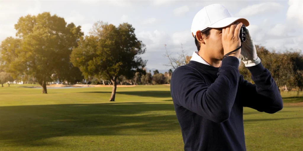 Golfer using a rangefinder on a sunny course, capturing the perfect shot amid scenic greenery.