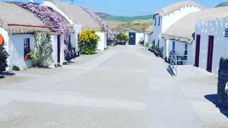 Quiet lane lined with whitewashed thatched cottages and spring flowers in a coastal Irish village.